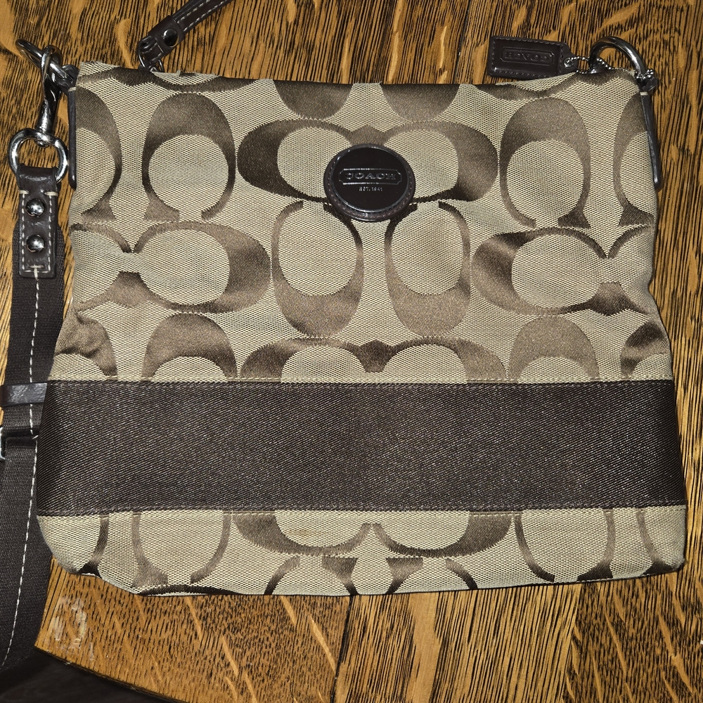 Coach Brown and Tan Signature Shoulder Bag